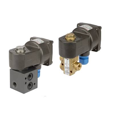 Two industrial metal valves with blue threaded connections, used for controlling liquids or gases.