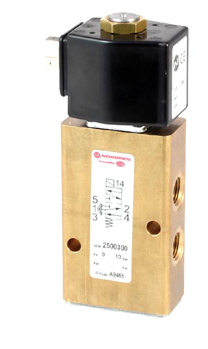 Industrial valve with electric drive, gold-coloured casing, black adapter on top. Labelling shows schematic representation of the valve.