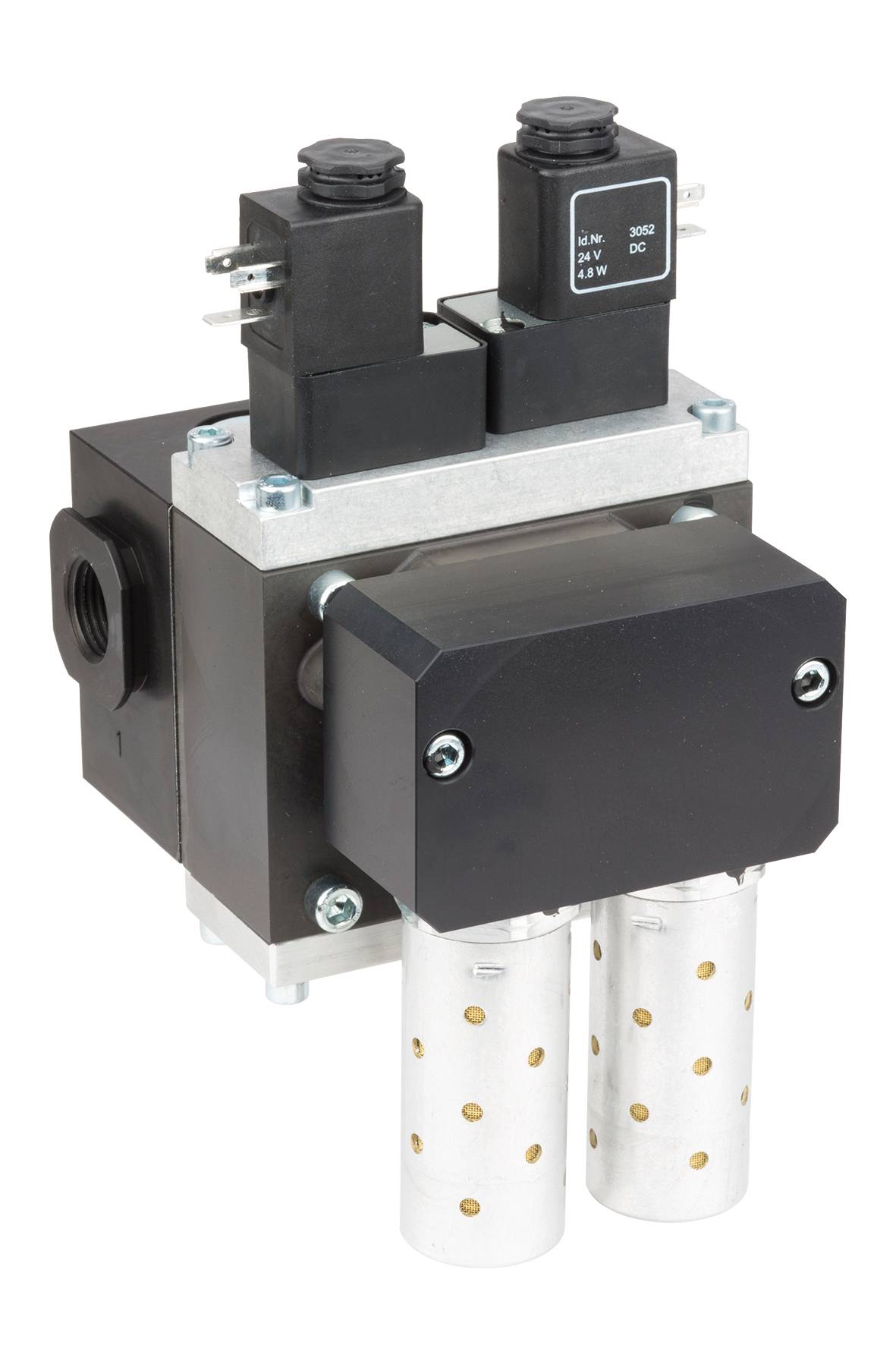 An electrical solenoid valve with two coils and two cylindrical outlets, used in hydraulic or pneumatic systems.