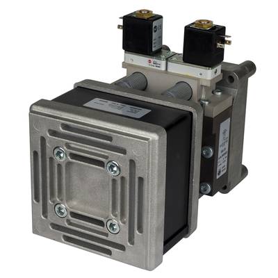 A rectangular electrical component with two black coils on top. It has terminals and a robust, grey housing.