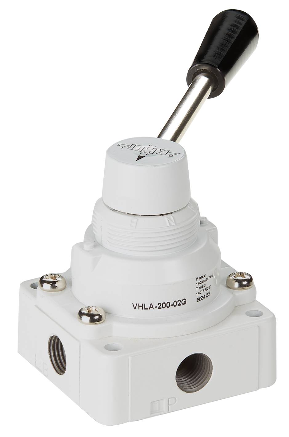 Temperature sensor with a white housing and label 'VHLA-200-02Q'. A metal rod protrudes from the top surface.