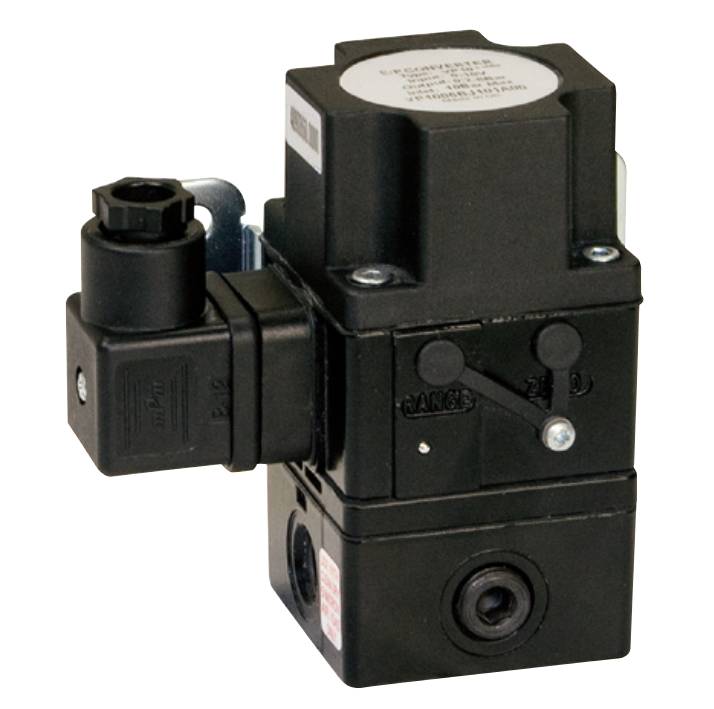 A black, electric multi-port solenoid valve with a label on the top surface.