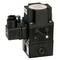 A black electric solenoid valve with multiple ports and a label on top. It is used in industrial applications.