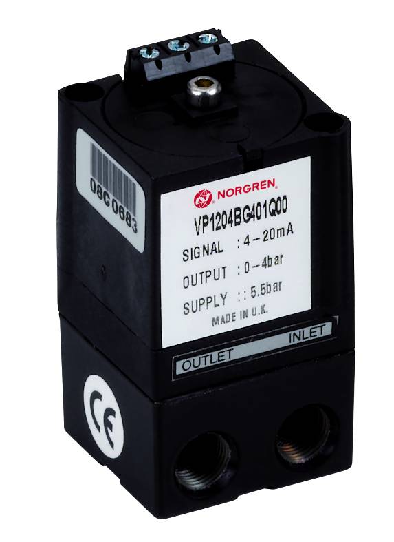 A black device with the print 'SIGNAL: 4-20 mA', 'OUTPUT: 1.5-8 bar' and 'Made in U.K.'. A plug is visible on top.