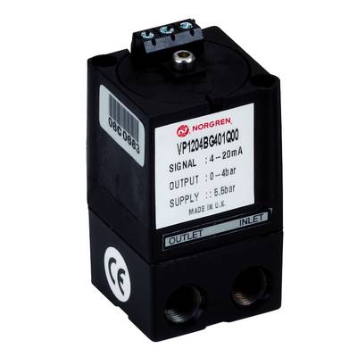 A black device with the print 'SIGNAL: 4-20 mA', 'OUTPUT: 1.5-8 bar' and 'Made in U.K.'. A plug is visible on top.