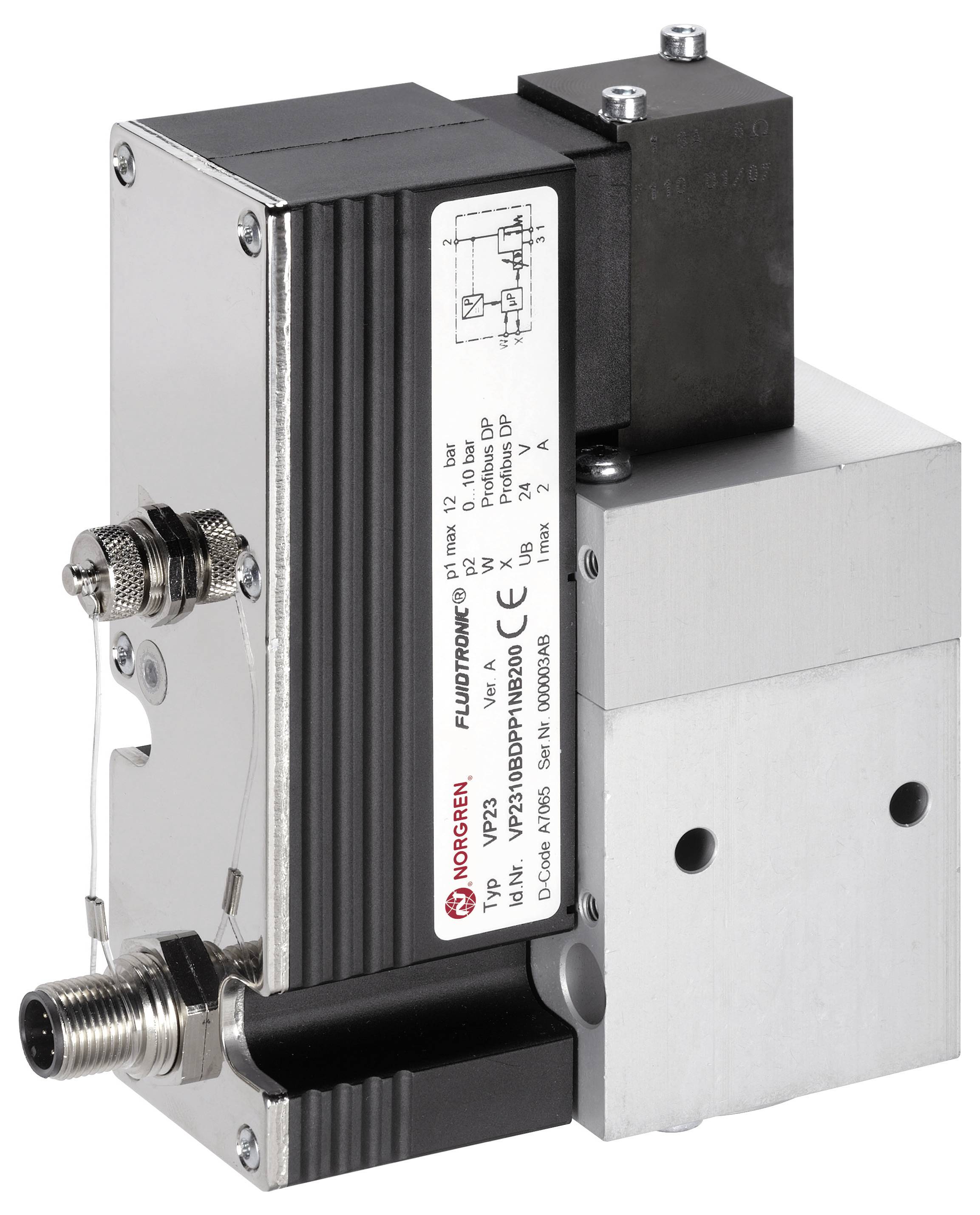 Industrial valve with electronic components, cable connection at the front. Used in control systems for industrial machinery.