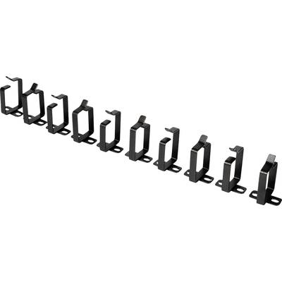 Ten black, metallic cable clips arranged in a line, mounted for fastening cables or hoses to a surface.