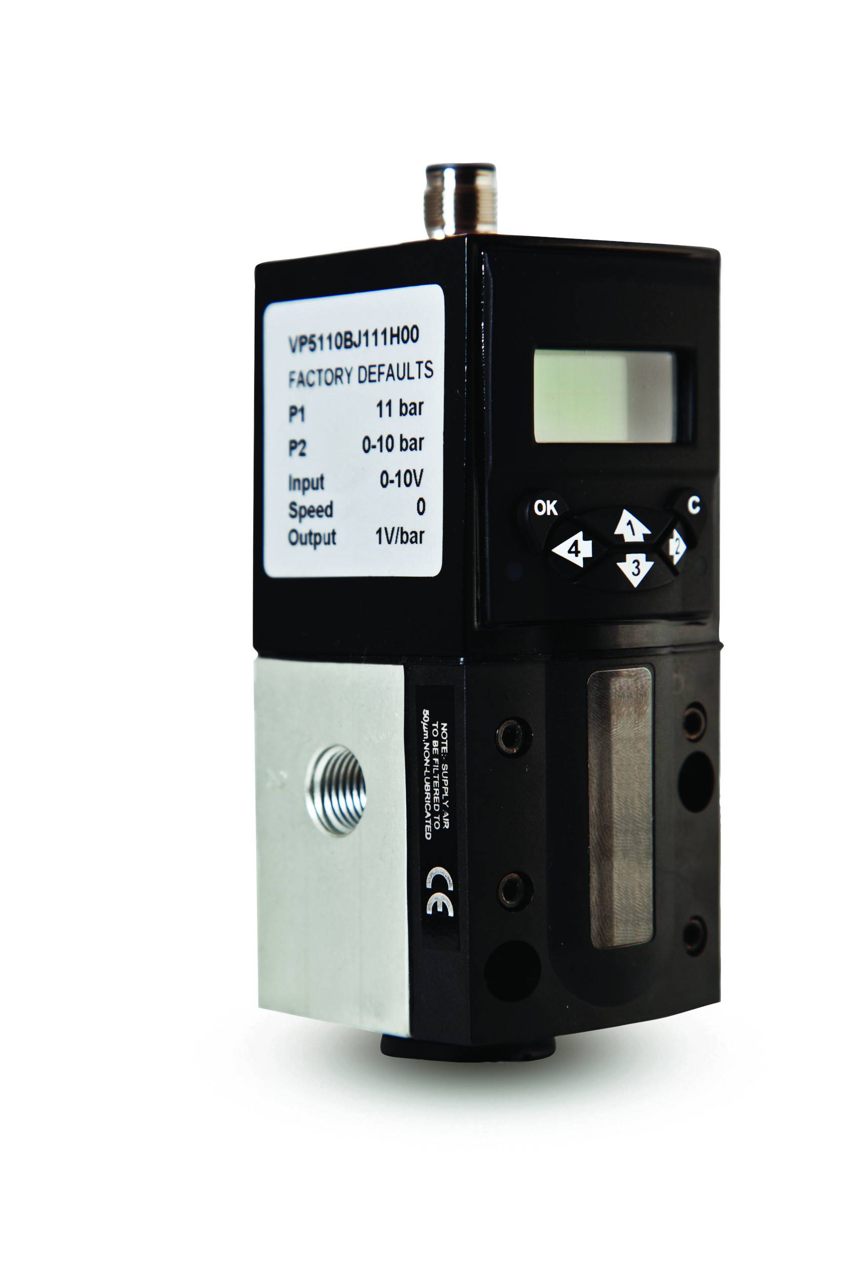 Electronic pressure controller with display and buttons for control. Shows factory settings: P1 11 bar, P2 0-10 bar, Input 0-10V.