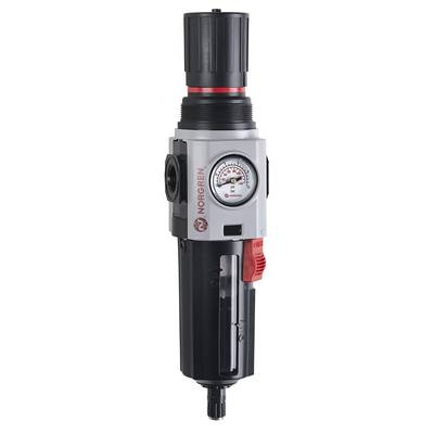 Pressure regulator with pressure gauge, displaying current air pressure. Black housing, red adjustment knob, 'Norgren' brand.