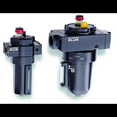 Two black filter units of the 'Olympian Plus' brand with red and yellow valves, on a white background.