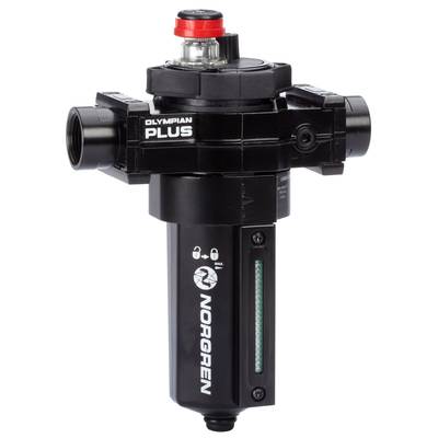 Pneumatic filter regulator from Norgren Olympian Plus with pressure gauge and pressure relief valve, used for pressure control in industrial applications.