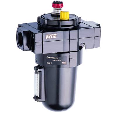 Cylindrical air filter with a black housing. "Olympian Plus" print and brand name visible. Used in pneumatic systems.