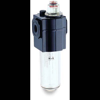 Air filter for compressed air systems, transparent housing, black top, compatible with standard connections.