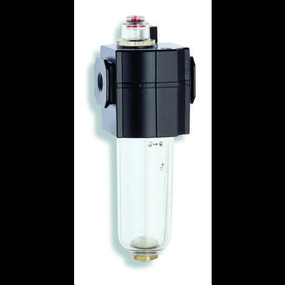 'Industrial filter with a metal housing and transparent plastic container, suitable for air and liquid filtration in mechanical systems.'
