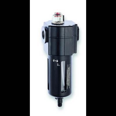 Pneumatic air filter with transparent sight glass to indicate fluid level. Used for cleaning and dewatering in compressed air systems.