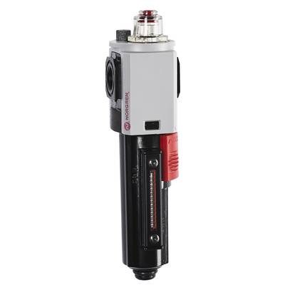 A grey and black pressure regulator with a red valve and display, used for controlling pressure in liquid or gas systems.