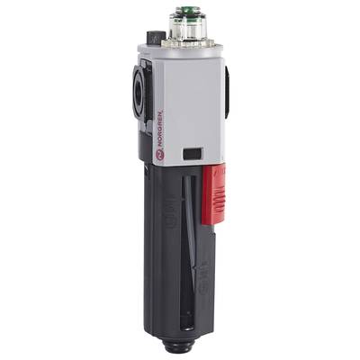 A black and white compressed air filter with a red lever, labelled 'Norgren' on the side, is used for pressure regulation in pneumatic systems.