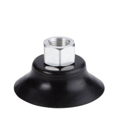 A black rubber suction cup with a silver metal thread at the top, used for suctioning and holding smooth surfaces.