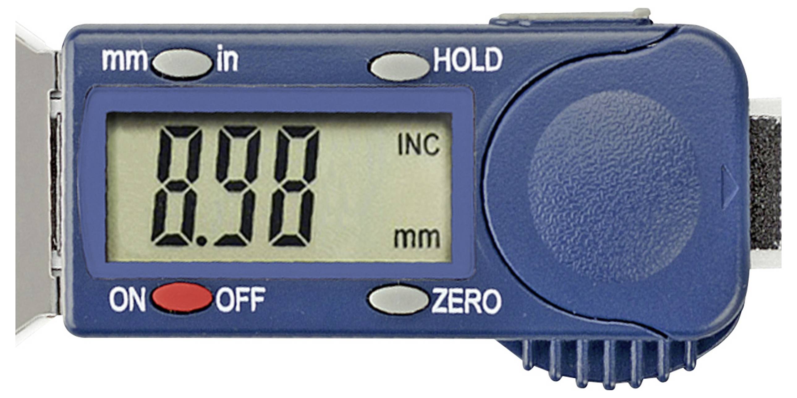 Digital vernier caliper set to 0.50 mm, blue housing with buttons for hold (HOLD), switching (ON/OFF) and zeroing (ZERO).