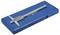 A silver vernier calliper lies diagonally across a blue, closed toolbox.