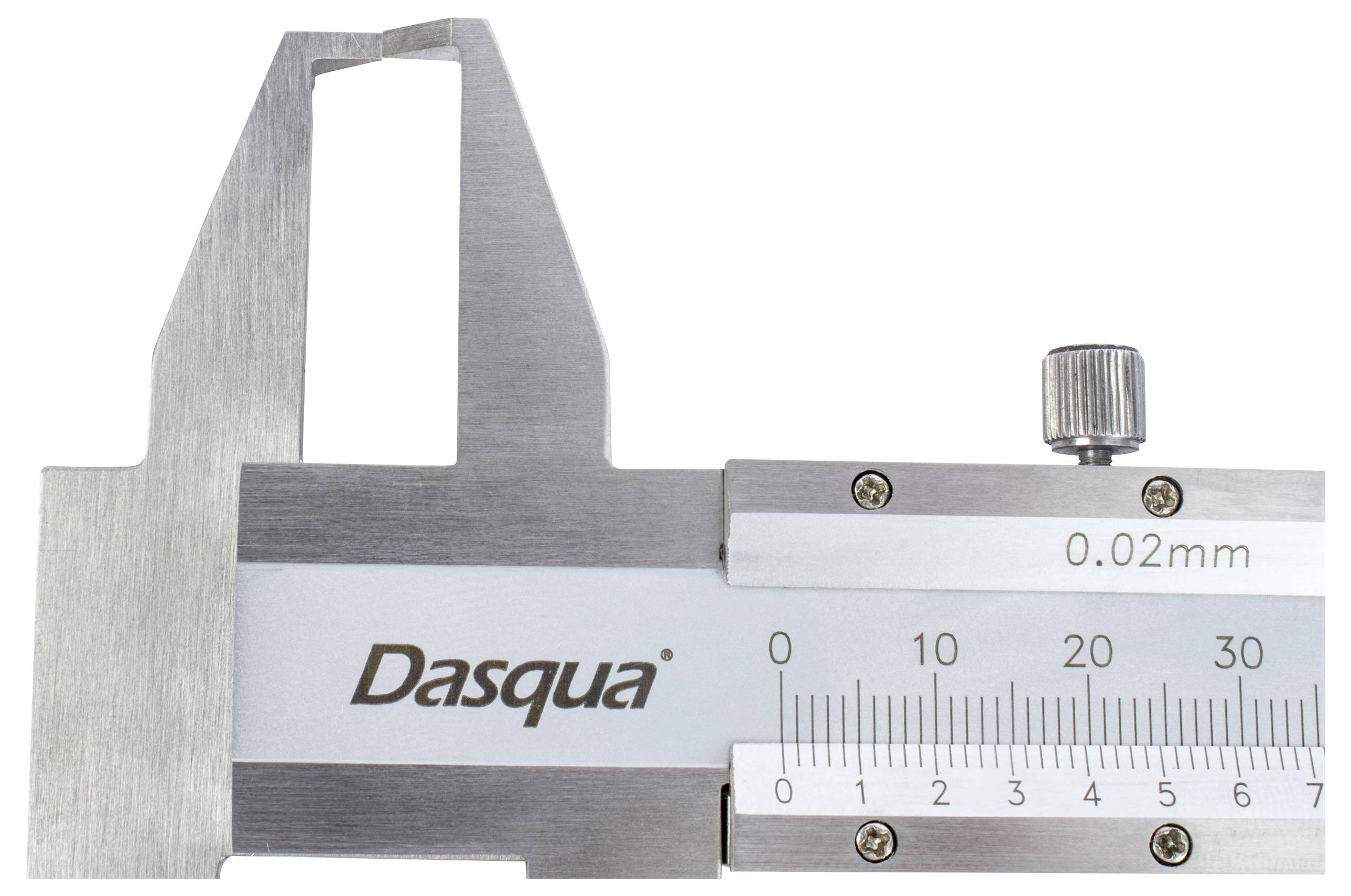 'Metal slide gauge by Dasqua with scale, indicating measurements up to 0.02 mm.'