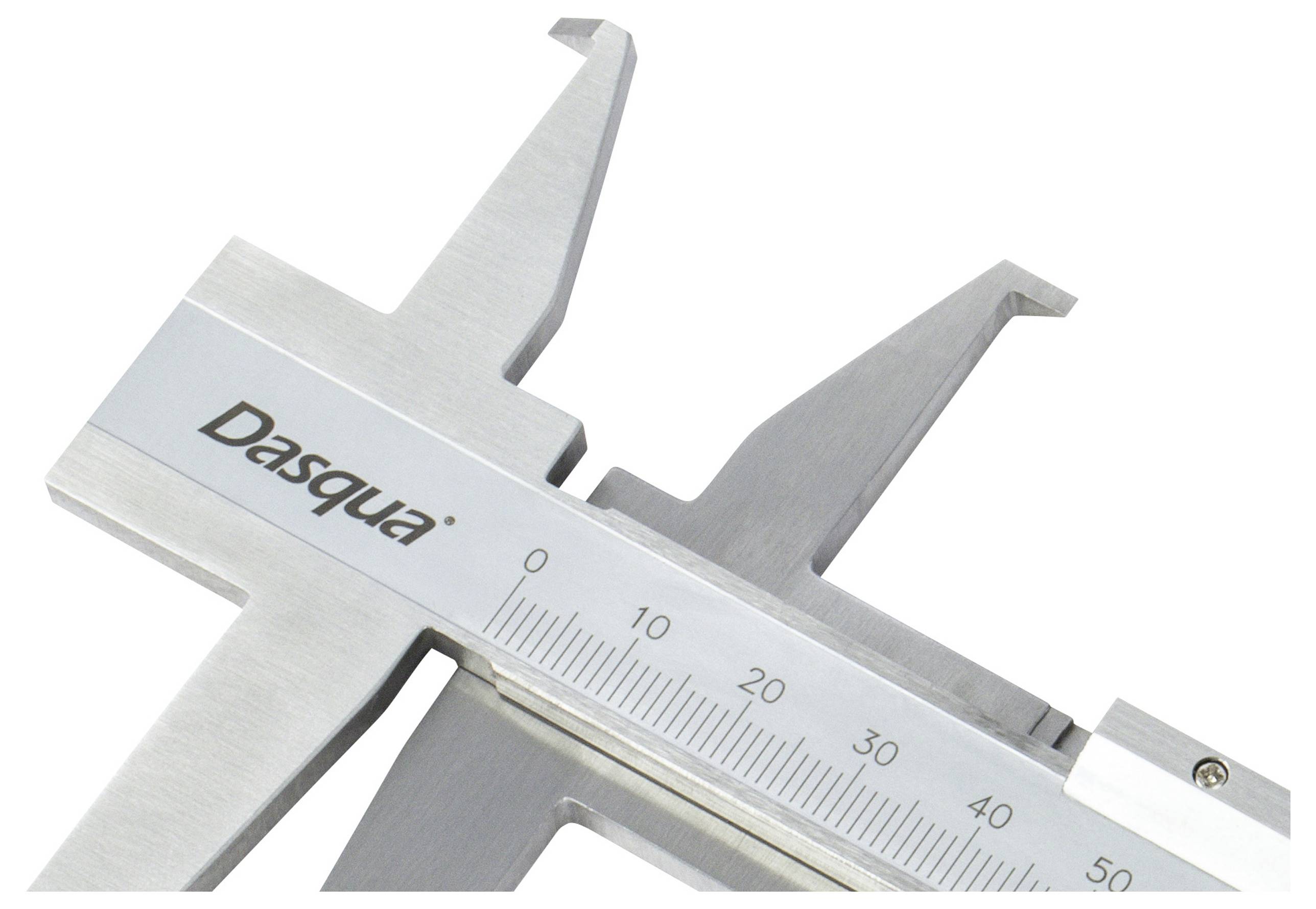 A silver Dasqua vernier calliper with a scale, suitable for precise length measurements, shown in close-up.