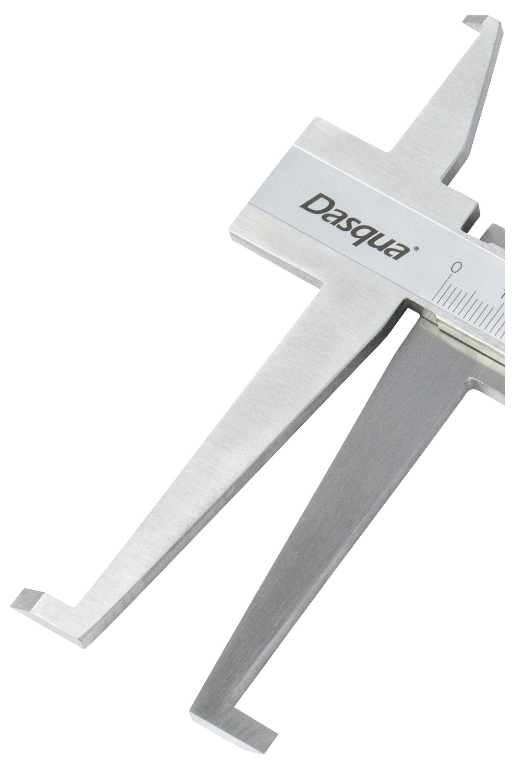 'Close-up of a metal vernier calliper by Dasqua, showing the precise measuring jaws.'