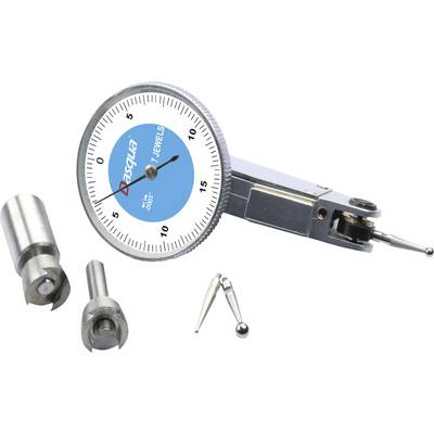 A dial gauge with accessories. It displays 0 to 15 on the dial. Additional measuring tips and inserts are placed beside it.