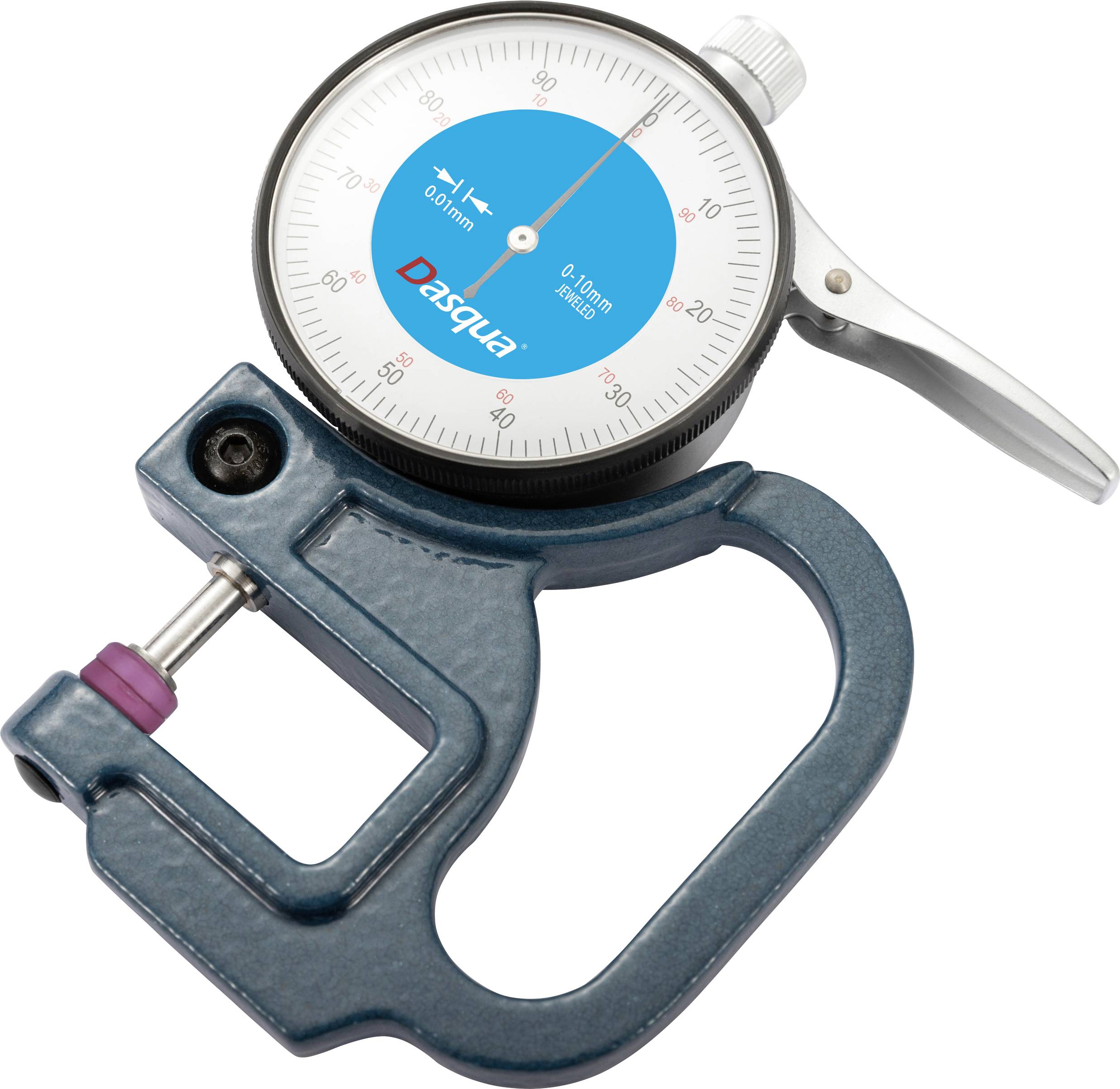 A blue depth gauge with an analogue dial on a white background. The dial displays measurement values in millimetres.