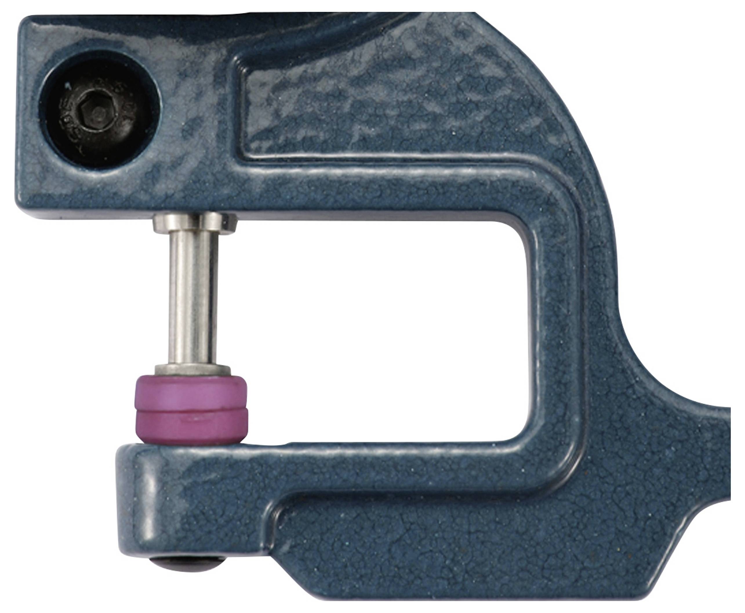 Close-up of a blue pliers with a pink rubber foot, likely a specialised tool.