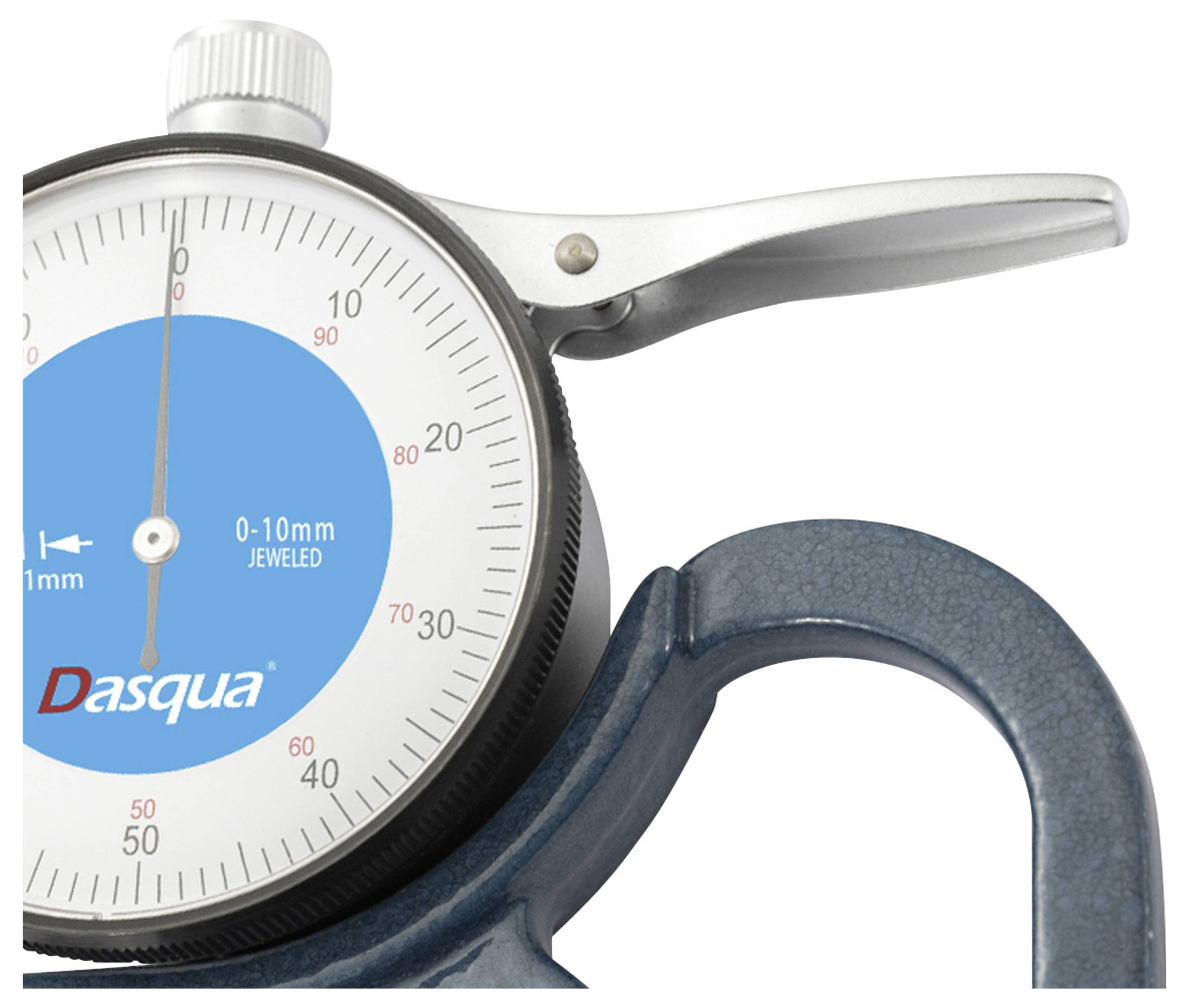 Dial gauge with dial display, range 0-10 mm. Brand 'Dasqua'. Silver knurled wheel for calibration.