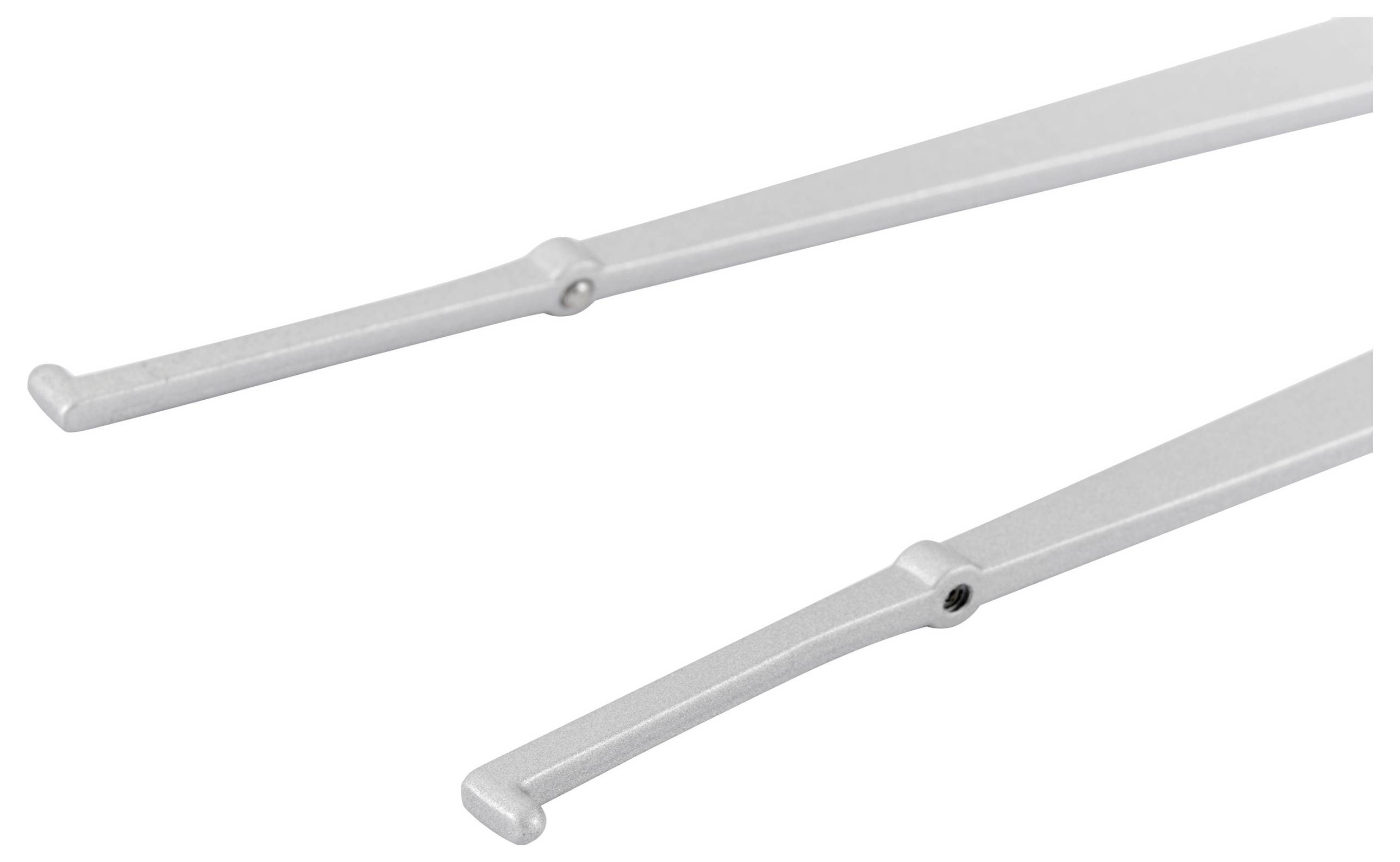 Two silver, straight rods with slightly angled ends, presumably tool parts or technical components.