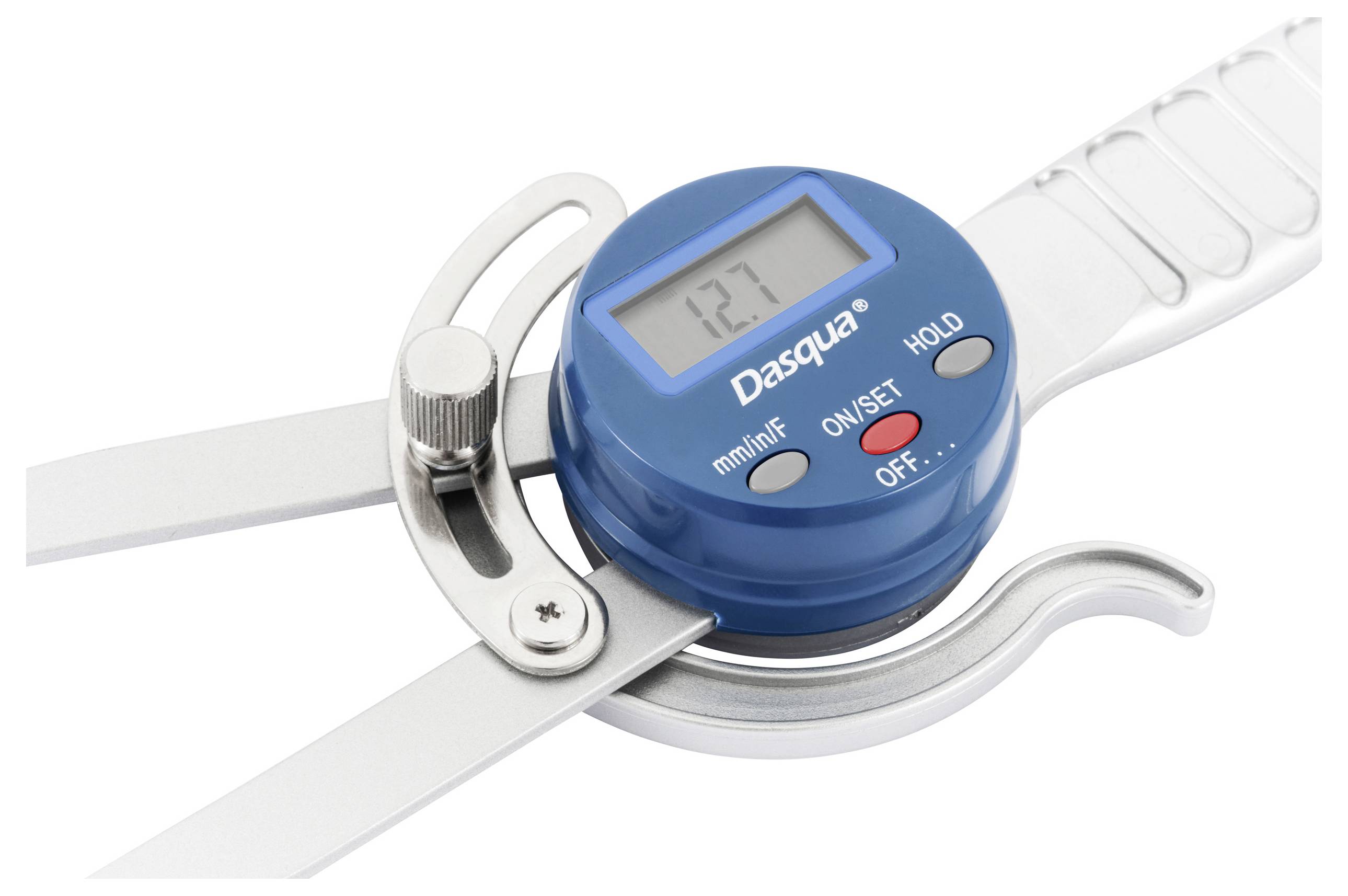 Digital protractor with blue casing shows measurement of 12.7 degrees on display.