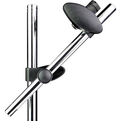 Silver microphone stand with a swivel arm and black holder. Suitable for adjusting the microphone position during use.