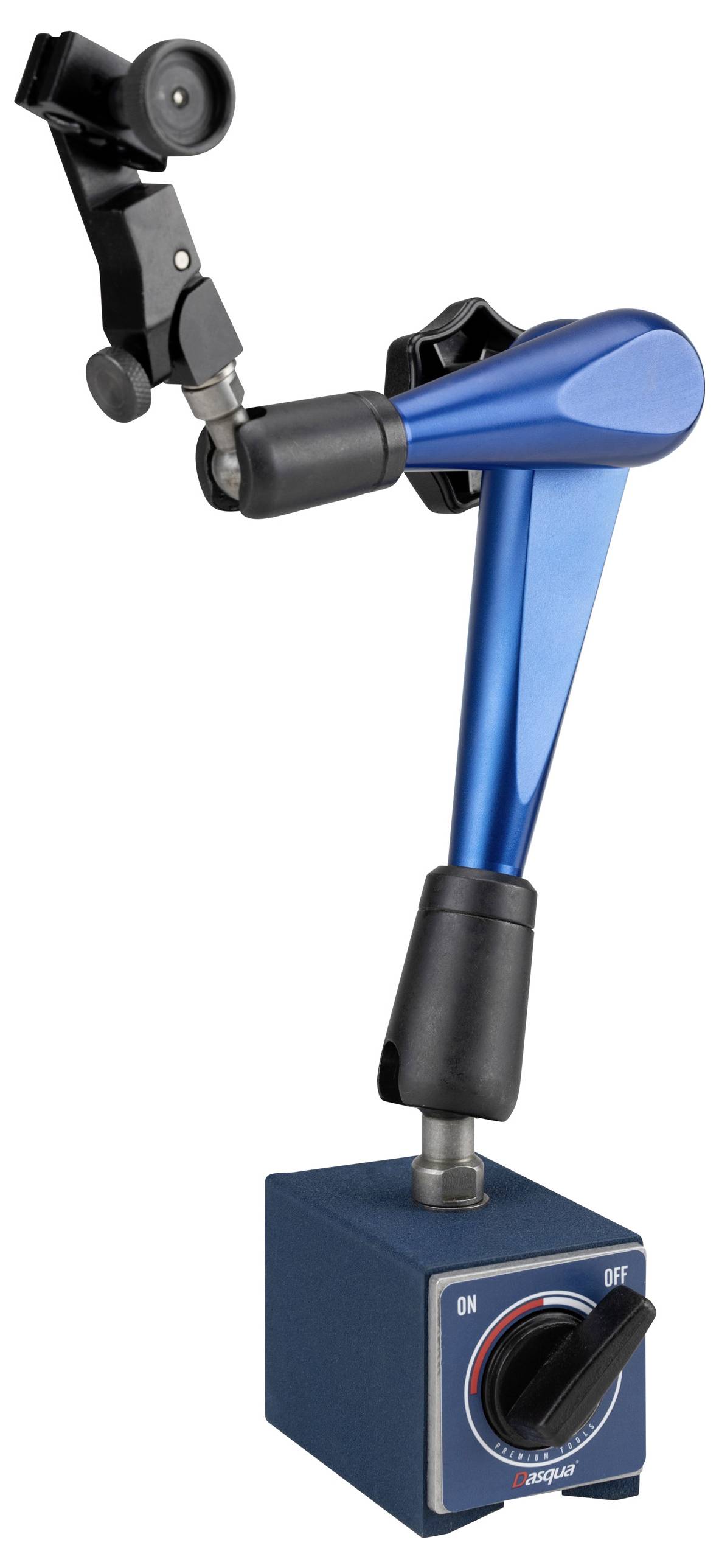 Magnetic stand with blue arm extension and black holder, used for precise positioning in metalworking.<br><br>Magnetic stand with a blue arm extension and black holder, used for precise positioning in metalworking.