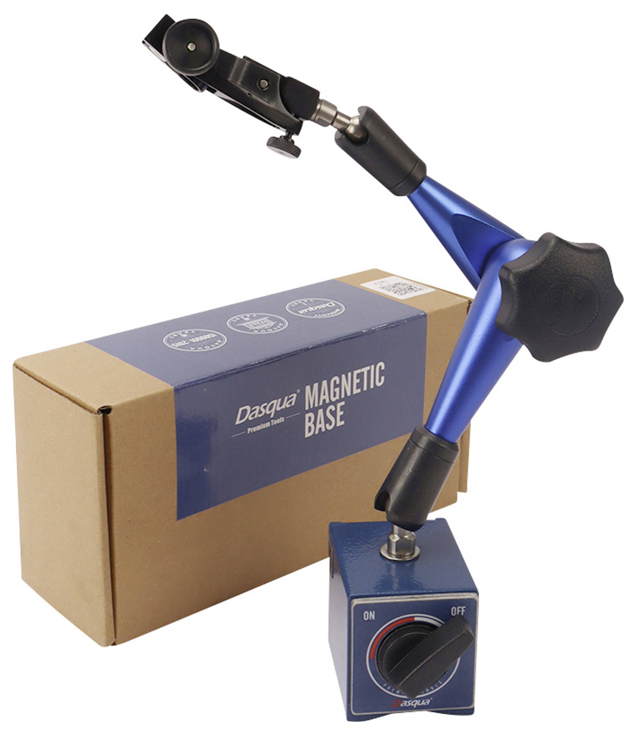 Magnetic foot with a blue mount in front of a brown packaging. Markings on the switch show 'ON' and 'OFF'.