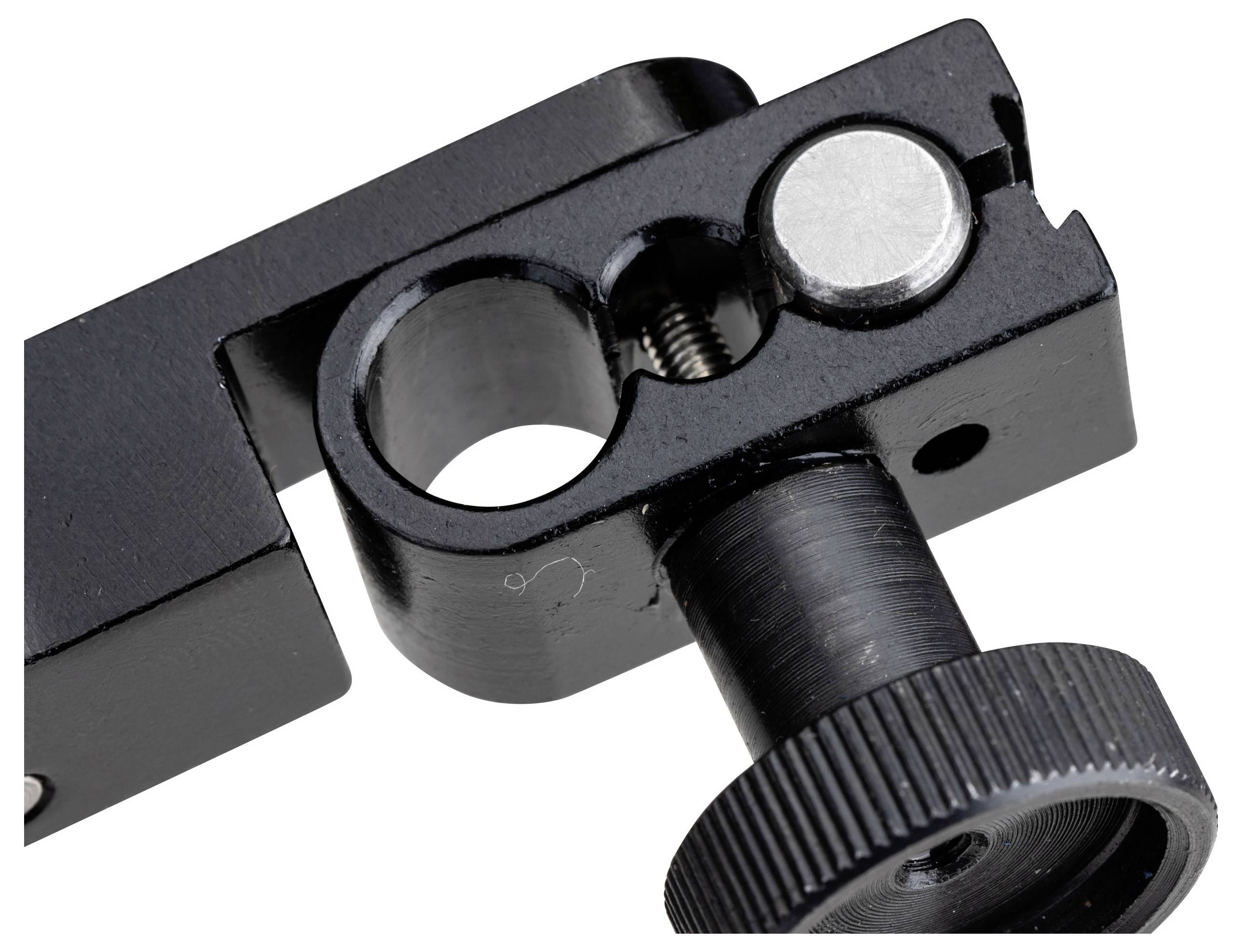 Metal fastening device with screw and adjustment wheel, likely for mountings or stands.