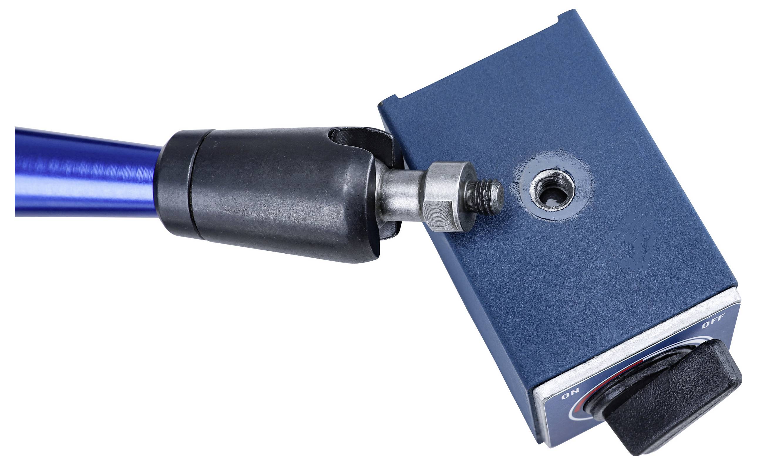 A blue magnetic measuring stand holder with a rotary knob and articulated arm for attachment to metal surfaces.