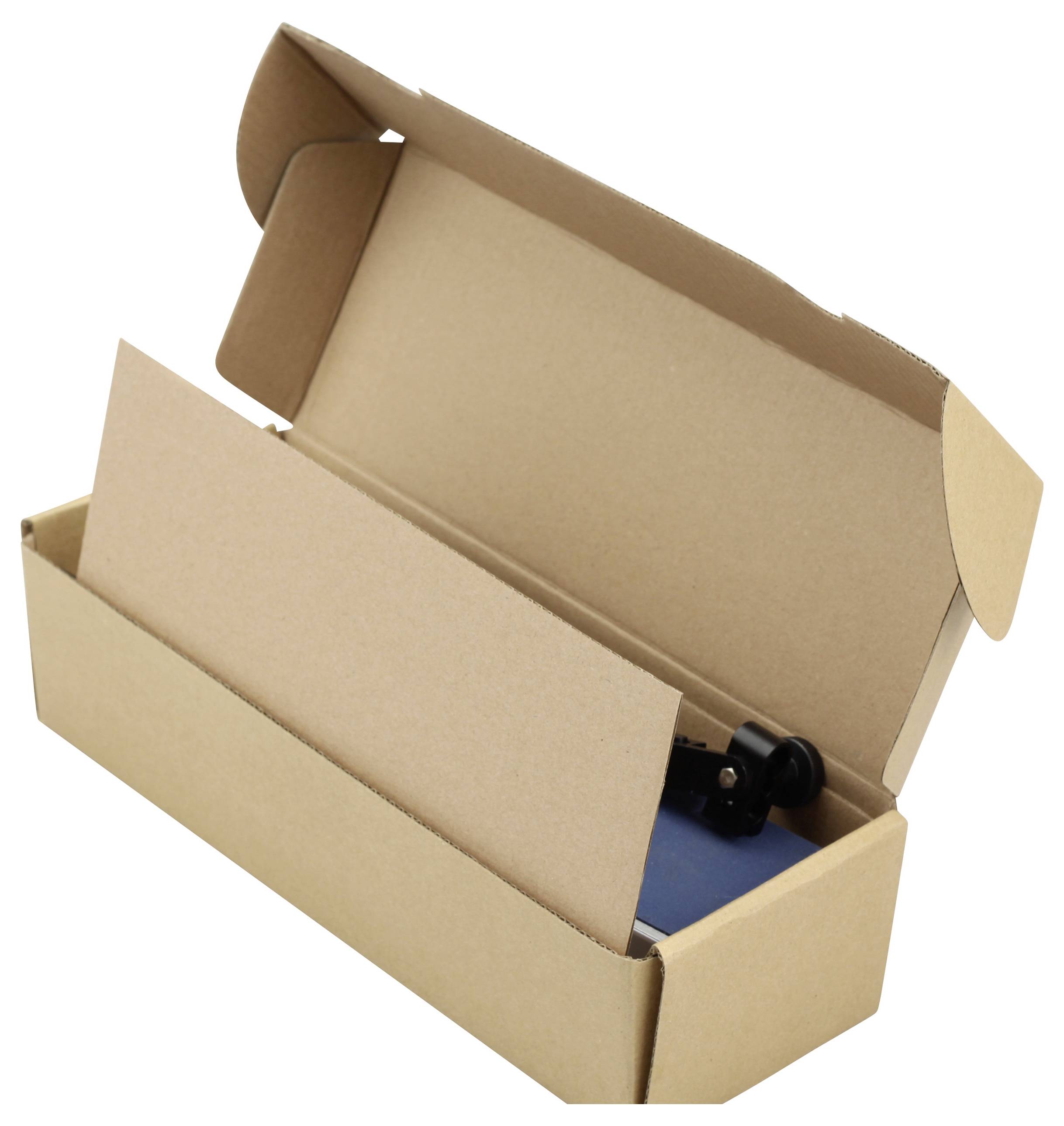 An opened brown shipping package containing an unidentified blue object and a small black component inside.