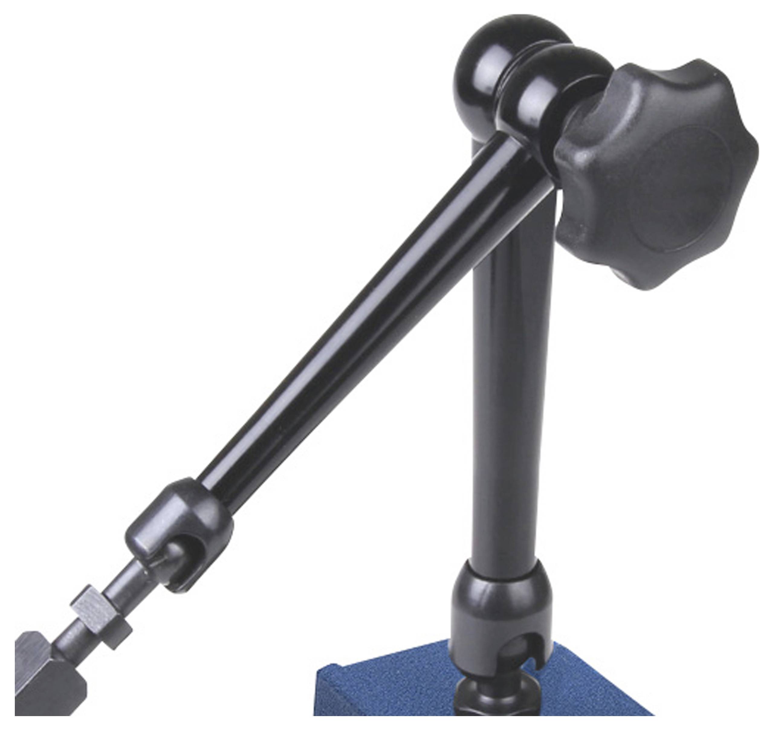 A black measuring arm with a knob, mounted on a blue base, for holding measuring instruments.