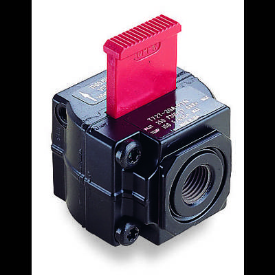 A black component with a red lever on top and threaded connection at the front, likely a valve or switch for industrial applications.