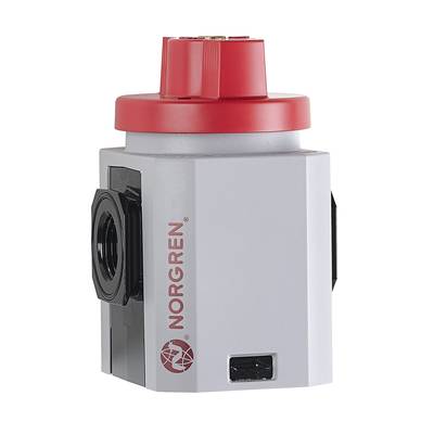 A pneumatic valve with the 'NORGAEN' logo and a red upper section. The component has connections on both sides.