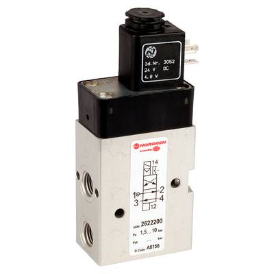 Valve block with an electrical coil, displaying a pneumatic circuit diagram on the front. 'Norgren' manufacturer logo visible.