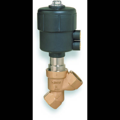 Industrial valve with a dark plastic actuator and metallic body, suitable for regulating liquid or gas flows.