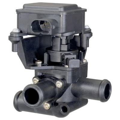A black, complex plastic valve with multiple connections and a rectangular housing on top, likely for water pipelines.