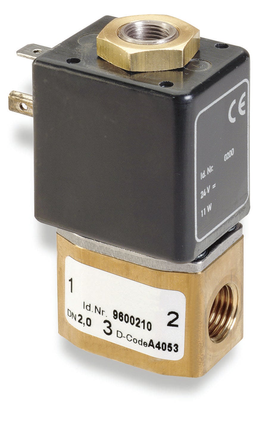A rectangular solenoid valve with a metal housing and labelling, used for controlling liquid or gas flow.