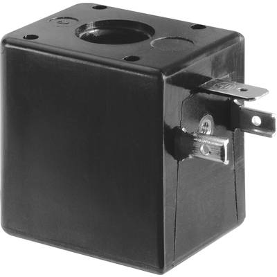 Black, cube-shaped electromagnetic valve with two metal connections, used for controlling the flow of liquid or gas.