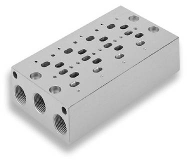 Silver rectangular metal block with multiple drill holes and three lateral threaded connections, potentially a valve block.