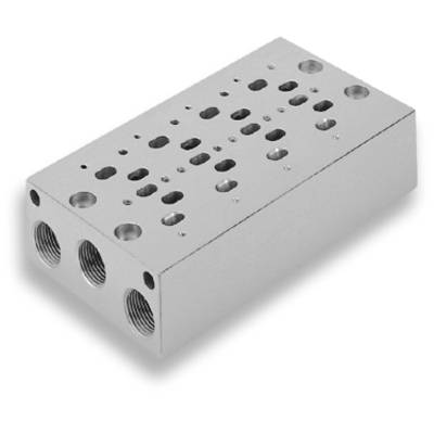 Silver rectangular metal block with multiple drill holes and three lateral threaded connections, potentially a valve block.