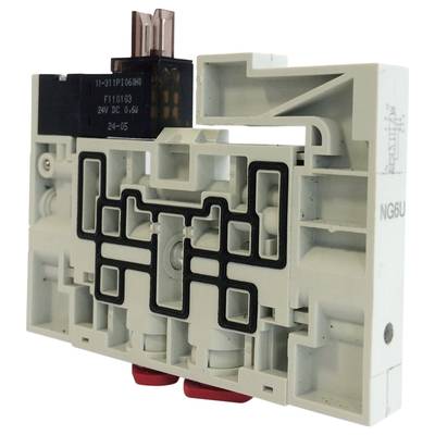 Electrical relay module with plug connectors, dimensions, and an embossed label, relevant for technical installations.